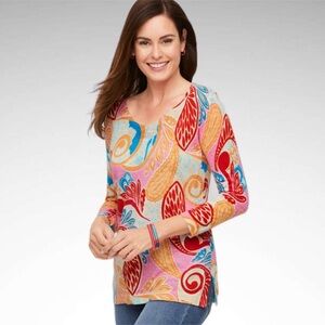 Talbots 100% Cotton Jungle Paisley V-Neck Pullover Sweater